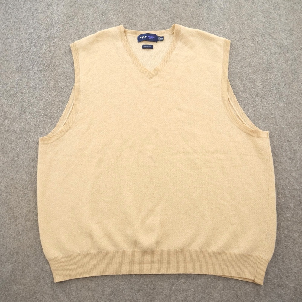 Polo Ralph Lauren Golf Vest Sweater Mens 2XL XXL Beige Wool V-Neck Knit Pullover